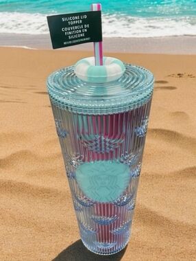 STARBUCKS SCALES Blue Pink TUMBLER w/LIFE PRESERVER STRAW TOPPER New